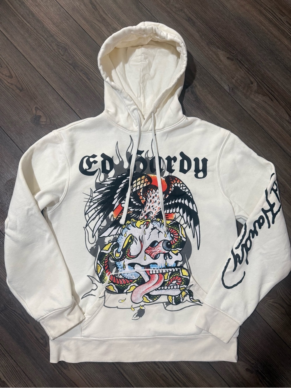 Ed Hardy Hoodie Eagle Skull Snake Graphic Pullover Cream Size Small